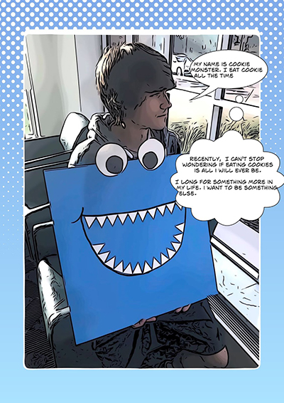 An image from a Cookie Monster comic, Story of R134A: Analysis for Chiller Plant of UIUC Campus, developed by students in Liebenberg's Fall 2018 ME 200 course
